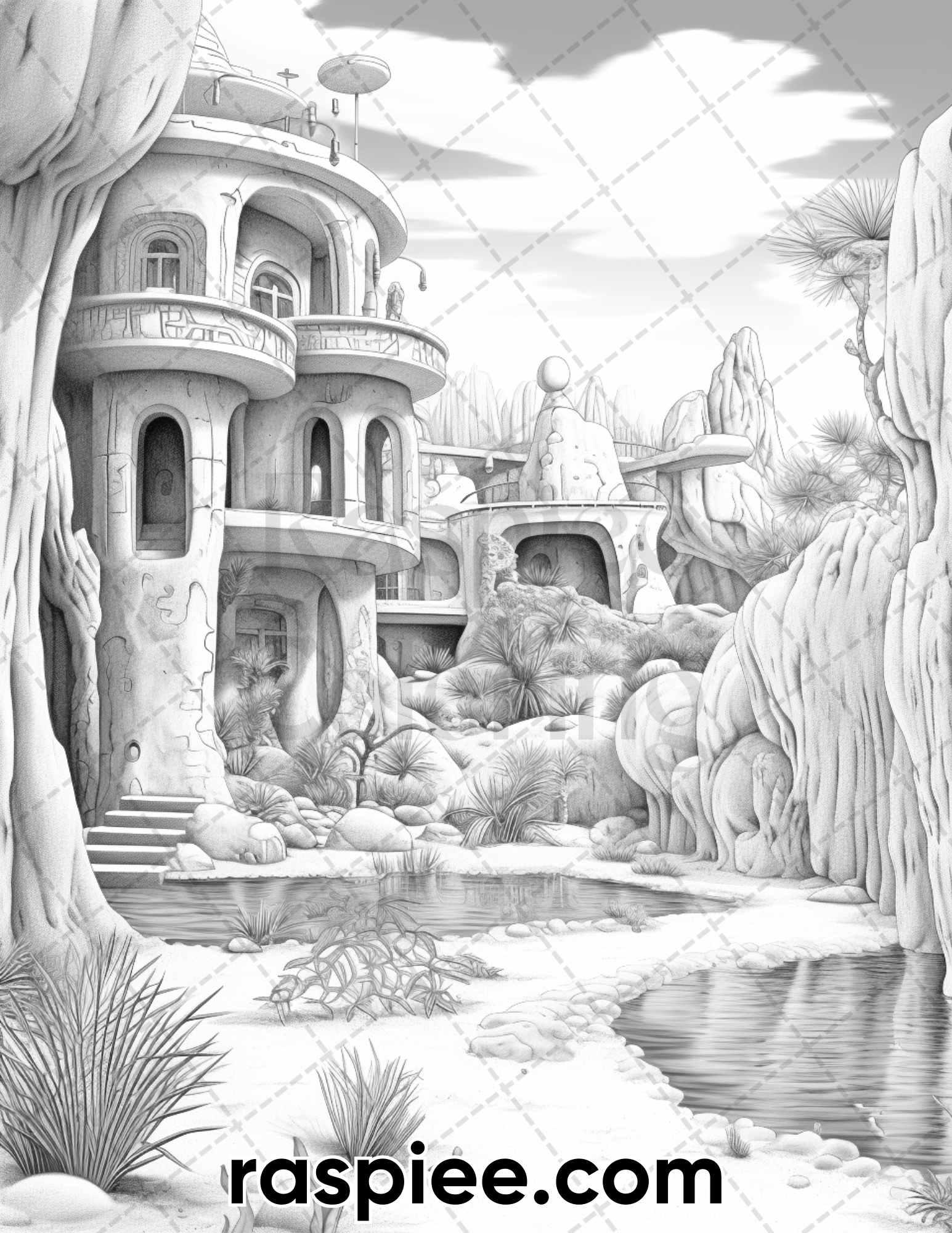 55 Desert Oasis Fairy Homes Grayscale Coloring Pages for Adults, Printable PDF Instant Download