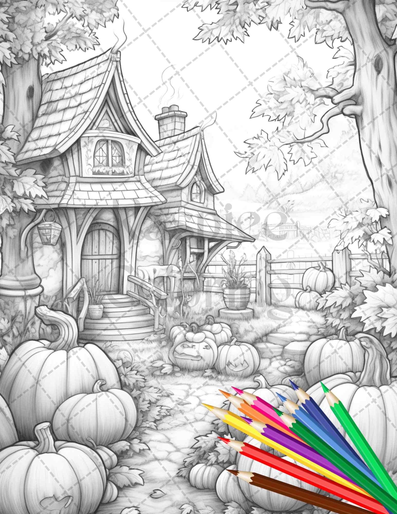 Pumpkin Garden Scenery Grayscale Coloring Pages Printable for Adults, PDF File Instant Download