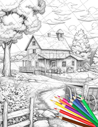 Charming Farmhouse Scenery Grayscale Coloring Pages Printable for Adults, PDF File Instant Download