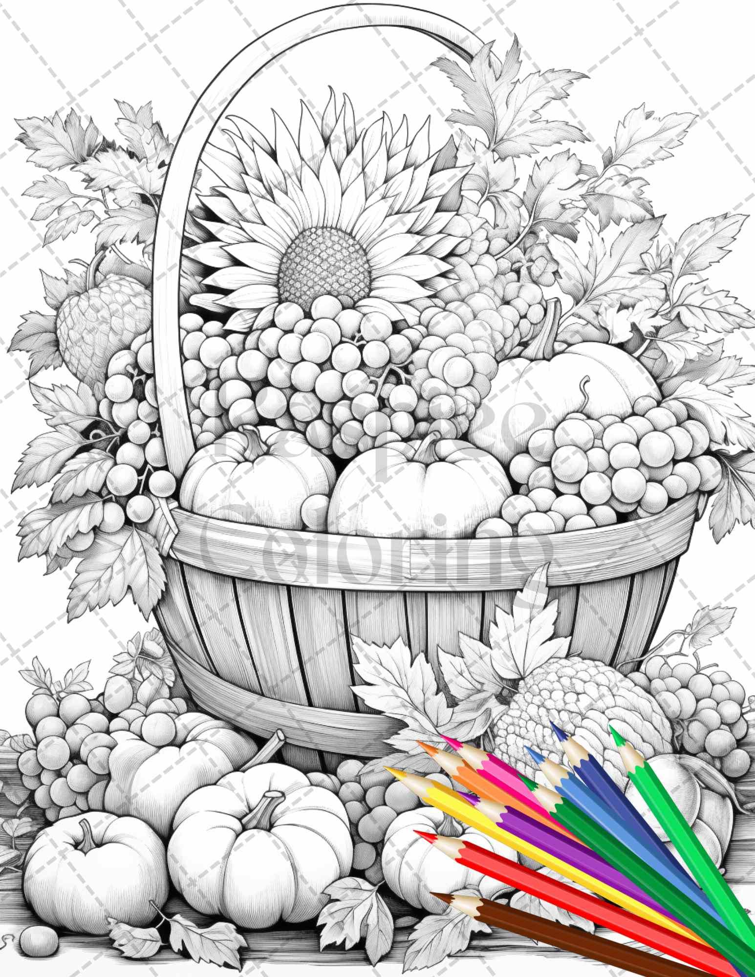 Autumn Harvest Grayscale Coloring Pages Printable for Adults, Relaxing Fall Themed Art, PDF File Instant Download