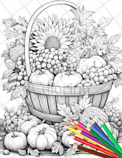 Autumn Harvest Grayscale Coloring Pages Printable for Adults, Relaxing Fall Themed Art, PDF File Instant Download