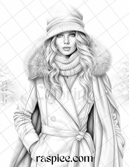 40 Winter Fashion Grayscale Coloring Pages Printable for Adults, PDF File Instant Download