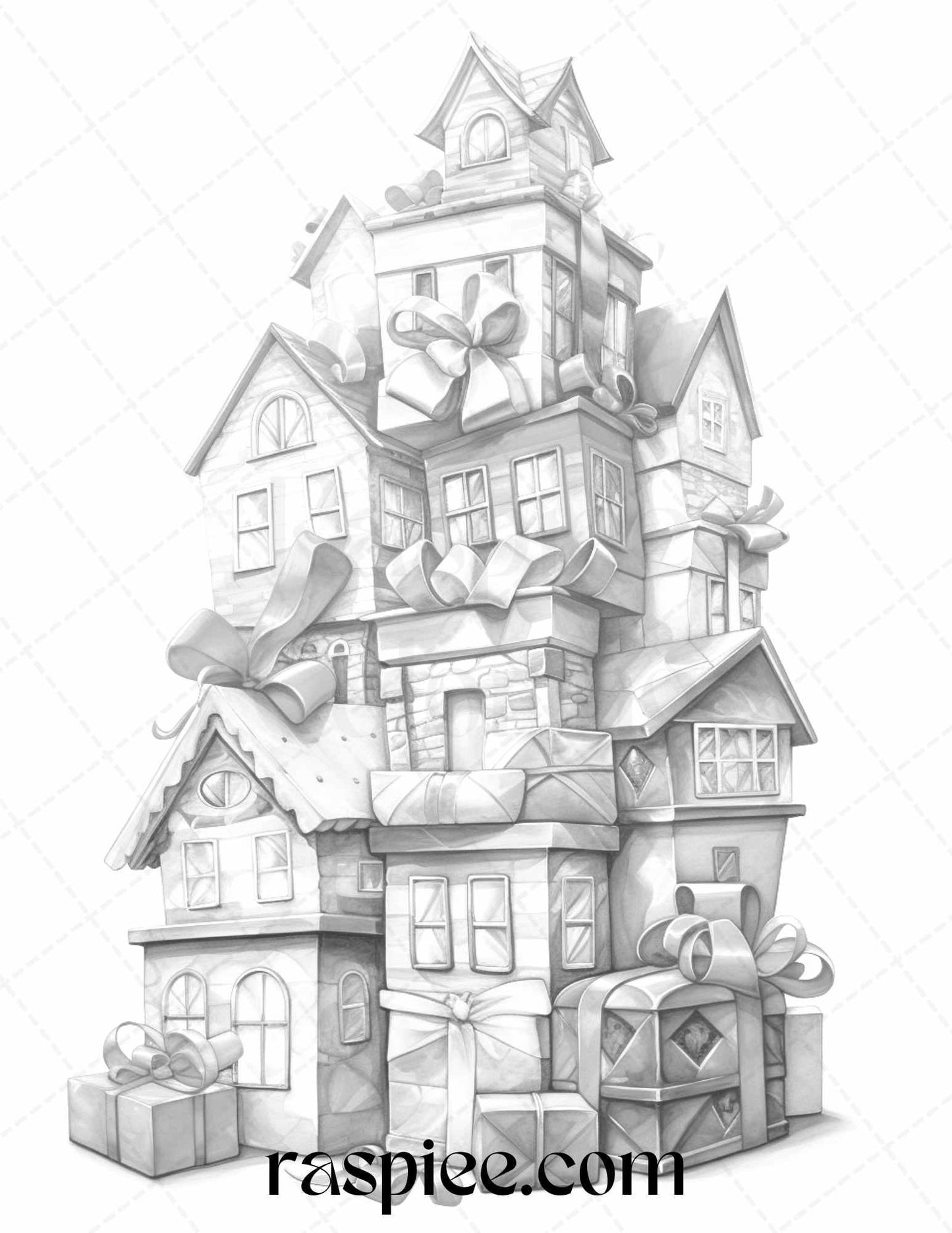 40 Adorable Gift Box Houses Grayscale Coloring Pages Printable for Adults Kids, PDF File Instant Download