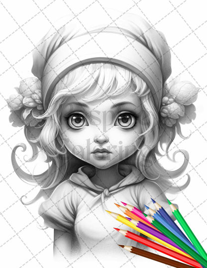 41 Adorable Gnome Girls Grayscale Coloring Pages Printable for Adults and Kids, PDF File Instant Download
