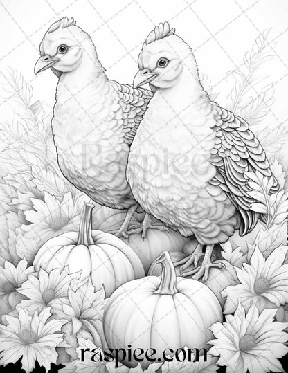 Autumn Animals Grayscale Coloring Pages for Adults and Kids, Printable PDF File Instant Download