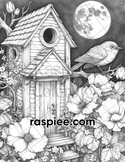 70 Enchanted Birdhouses Grayscale Adult Coloring Pages, Printable PDF Instant Download