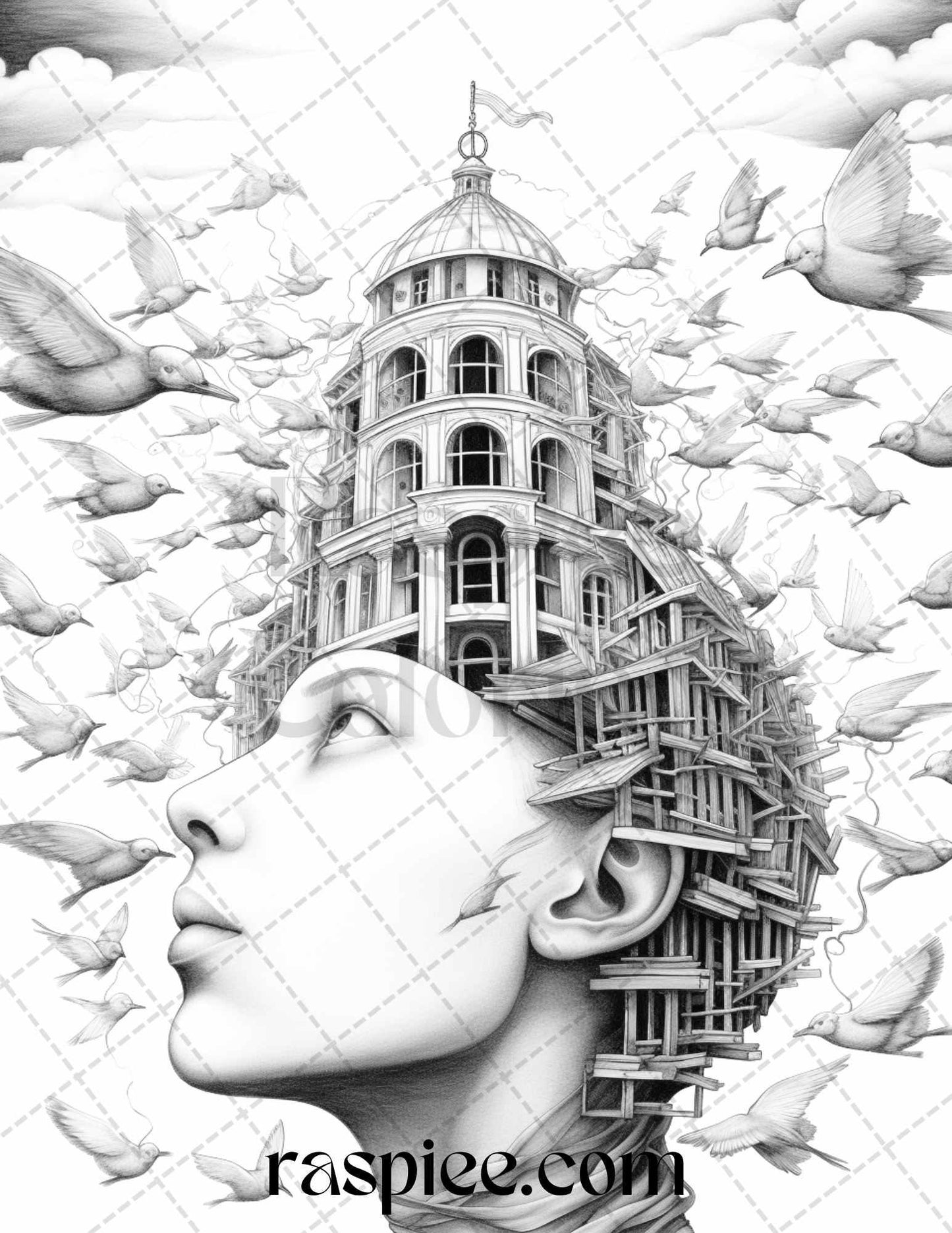 60 Enchanting Surrealism Grayscale Coloring Pages Printable for Adults, PDF File Instant Download
