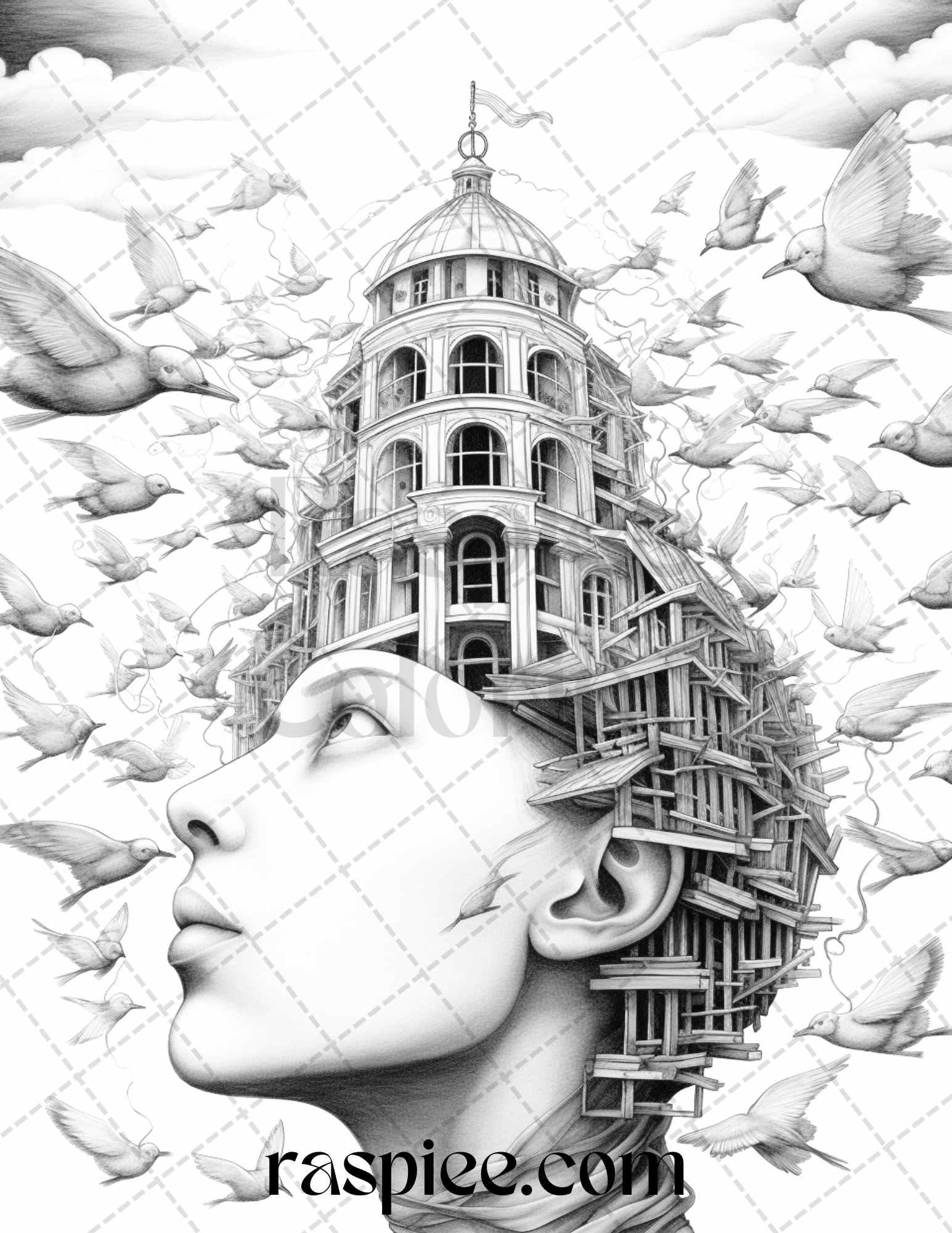 60 Enchanting Surrealism Grayscale Coloring Pages Printable for Adults, PDF File Instant Download