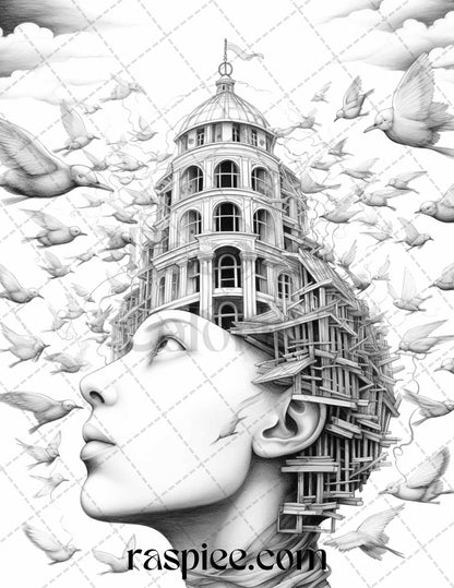 60 Enchanting Surrealism Grayscale Coloring Pages Printable for Adults, PDF File Instant Download