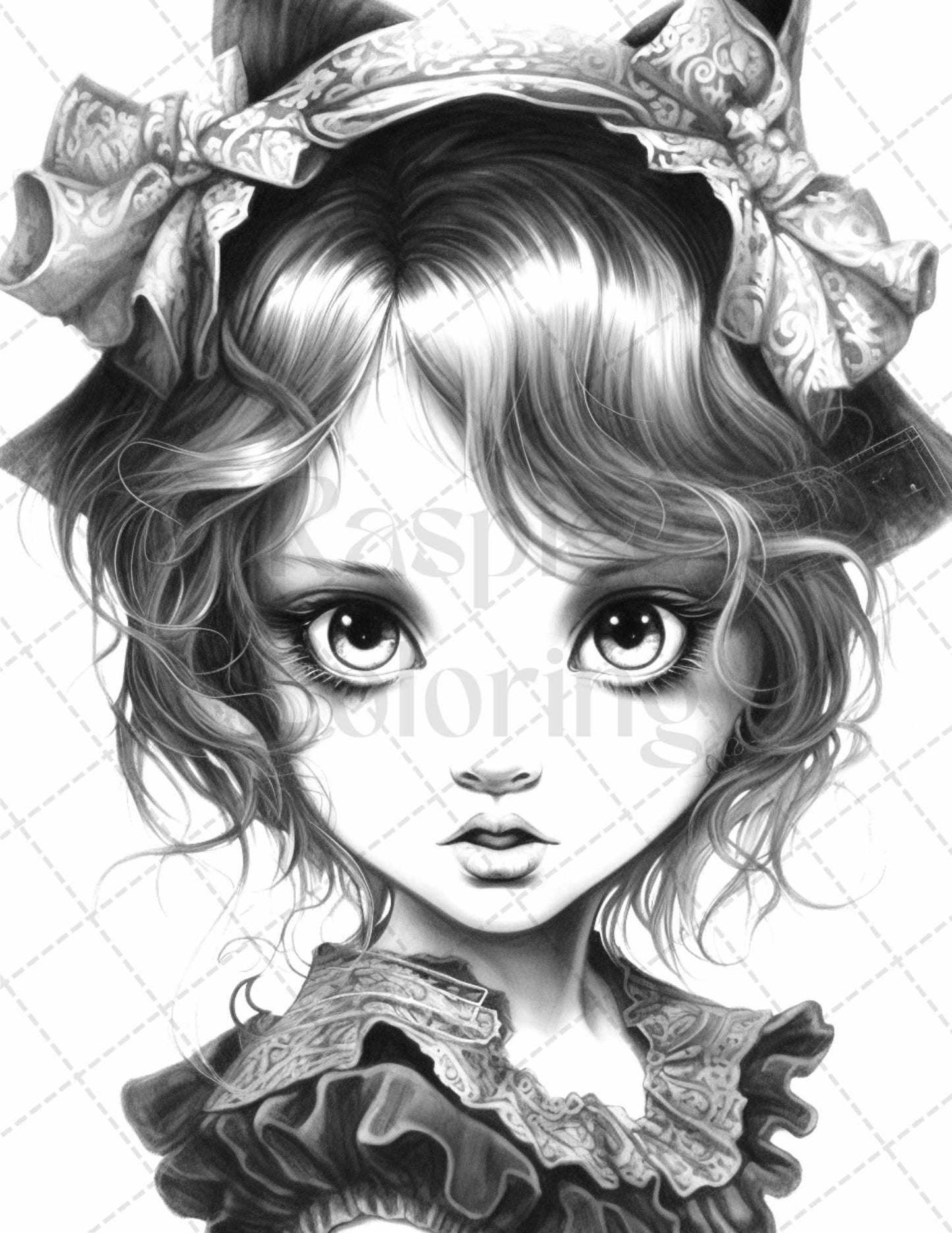 60 Adorable Gothic Girls Grayscale Coloring Pages Printable for Adults, PDF File Instant Download