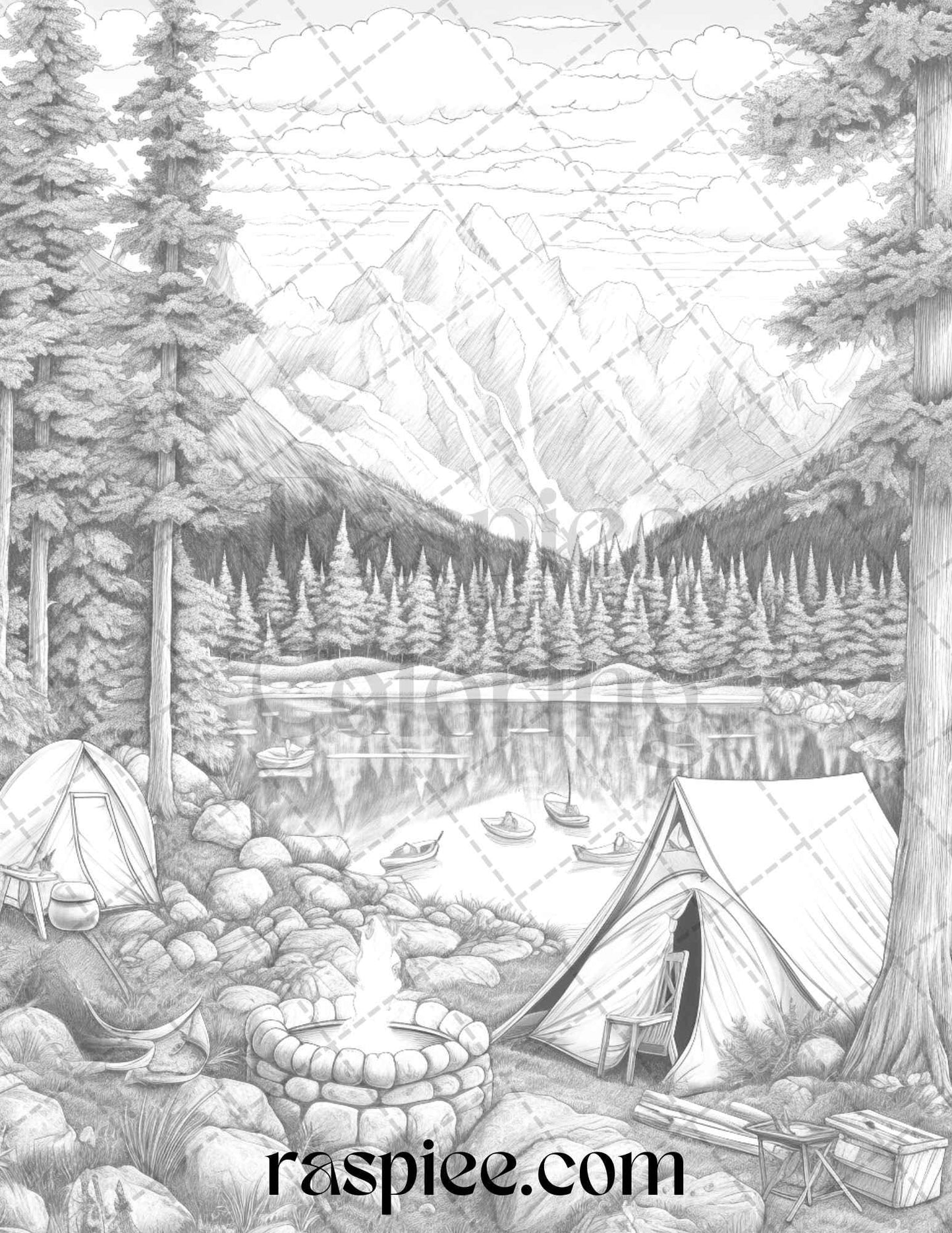 Nature Camping Grayscale Coloring Pages Printable, Relaxing Outdoor Scenes, PDF File Instant Download