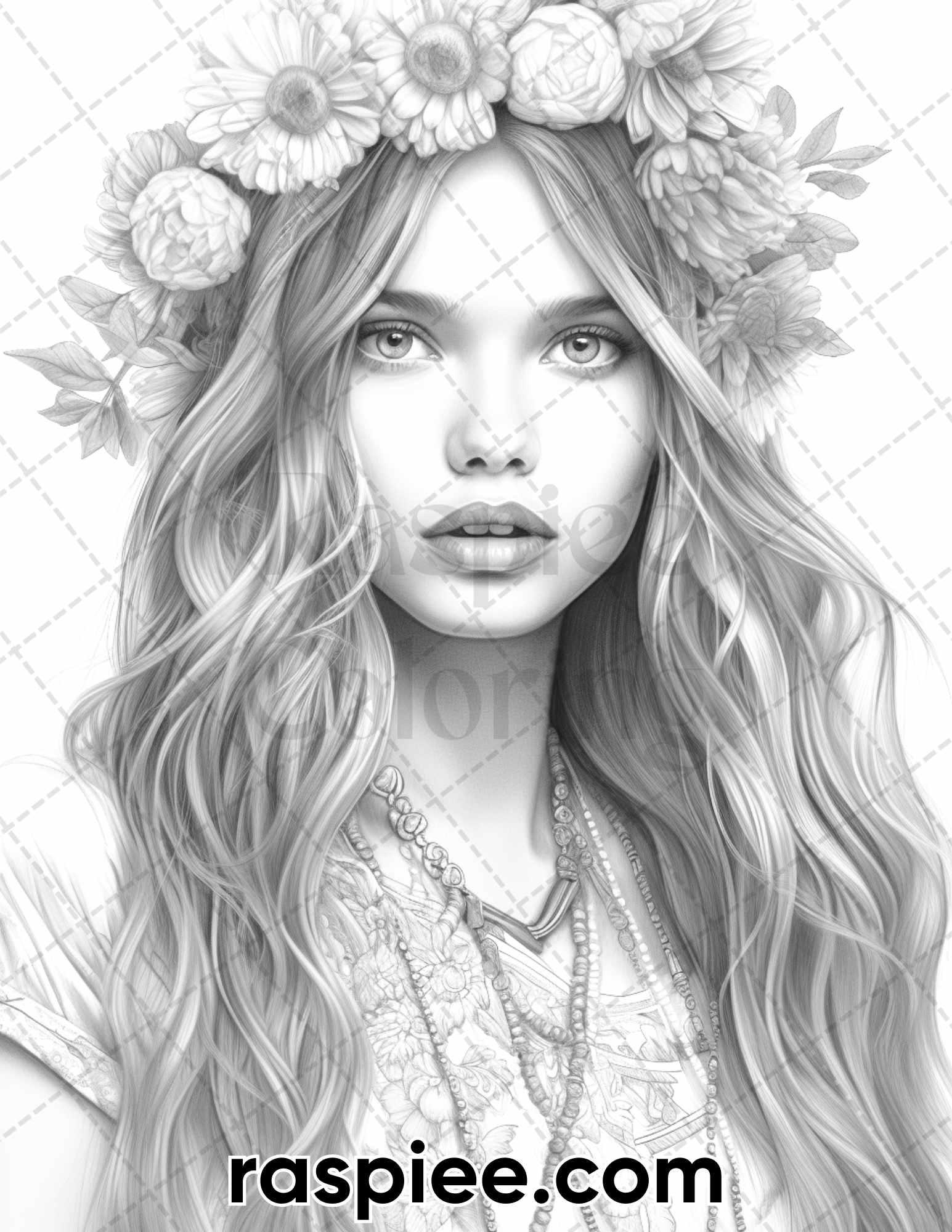 60 Bohemian Beauties Grayscale Coloring Pages for Adults, Printable PDF Instant Download