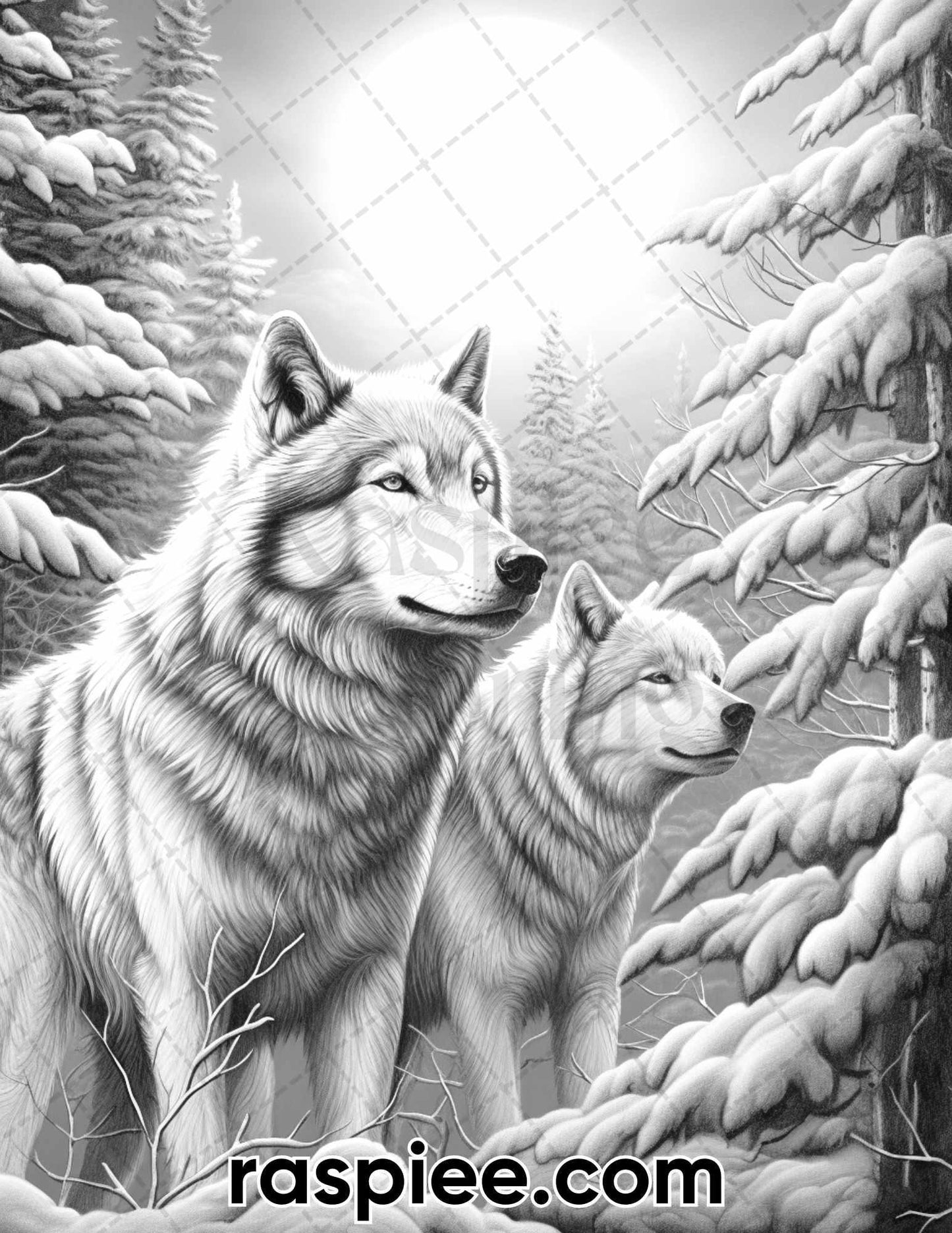 50 Winter Wolf Grayscale Coloring Pages for Adults, Printable PDF Instant Download