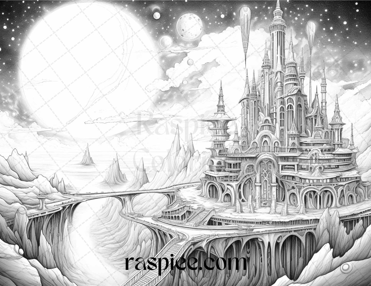 55 Celestial Landscapes Grayscale Coloring Pages Printable for Adults, PDF File Instant Download