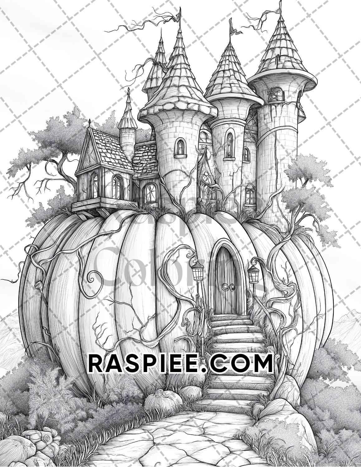 Fantasy Giant Pumpkin Castles Adult Coloring Pages Printable PDF Instant Download