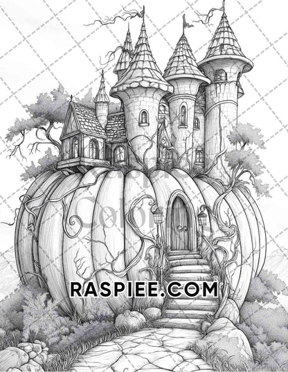 Fantasy Giant Pumpkin Castles Adult Coloring Pages Printable PDF Instant Download