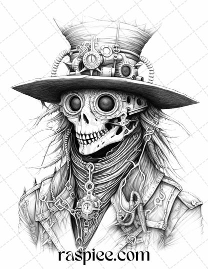 53 Scary Steampunk Scarecrows Grayscale Coloring Pages Printable for Adults, PDF File Instant Download