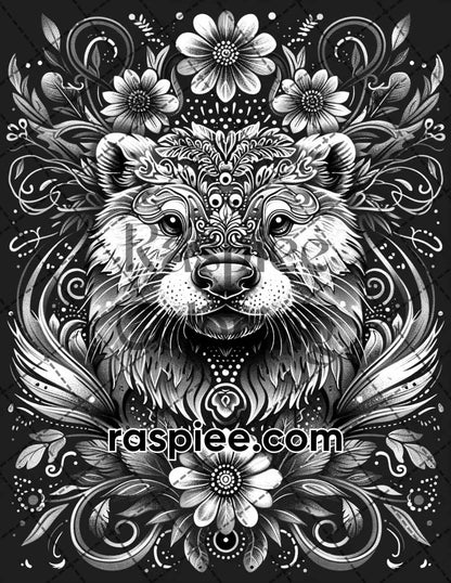 87 Spirit Animals Grayscale Adult Coloring Pages Printable PDF Instant Download
