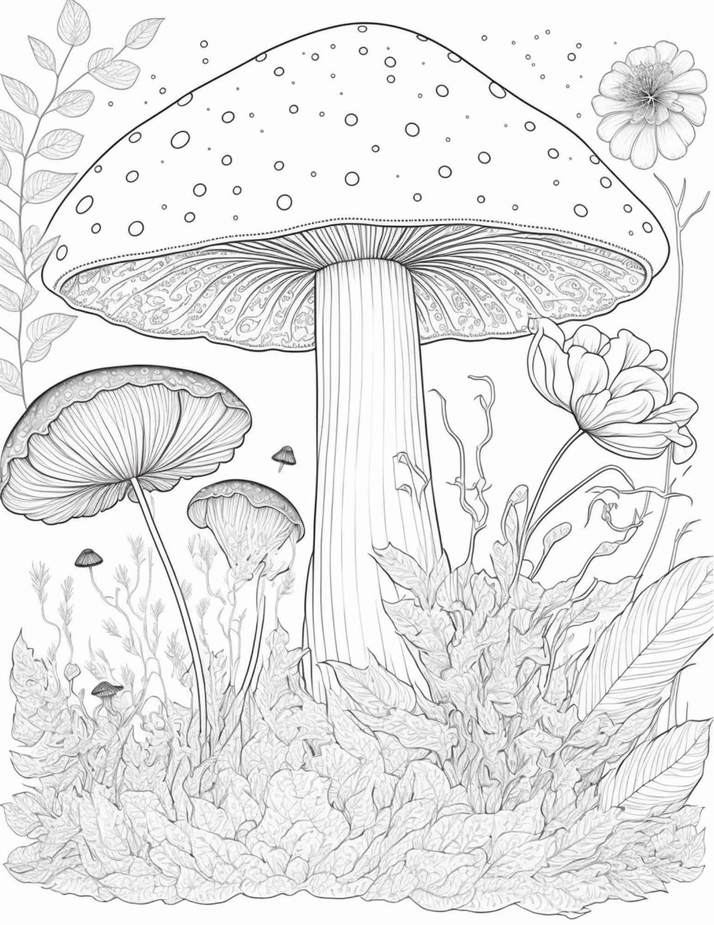 100 Mushroom Forest Coloring Pages Printable for Adults and Kids, Grayscale Coloring Book, Printable PDF File Instant Download