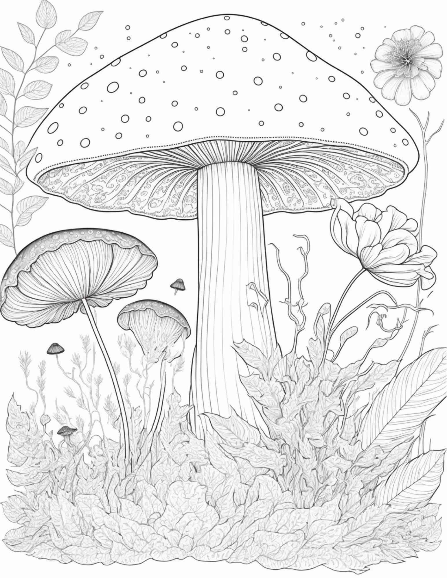 100 Mushroom Forest Coloring Pages Printable for Adults and Kids, Grayscale Coloring Book, Printable PDF File Instant Download