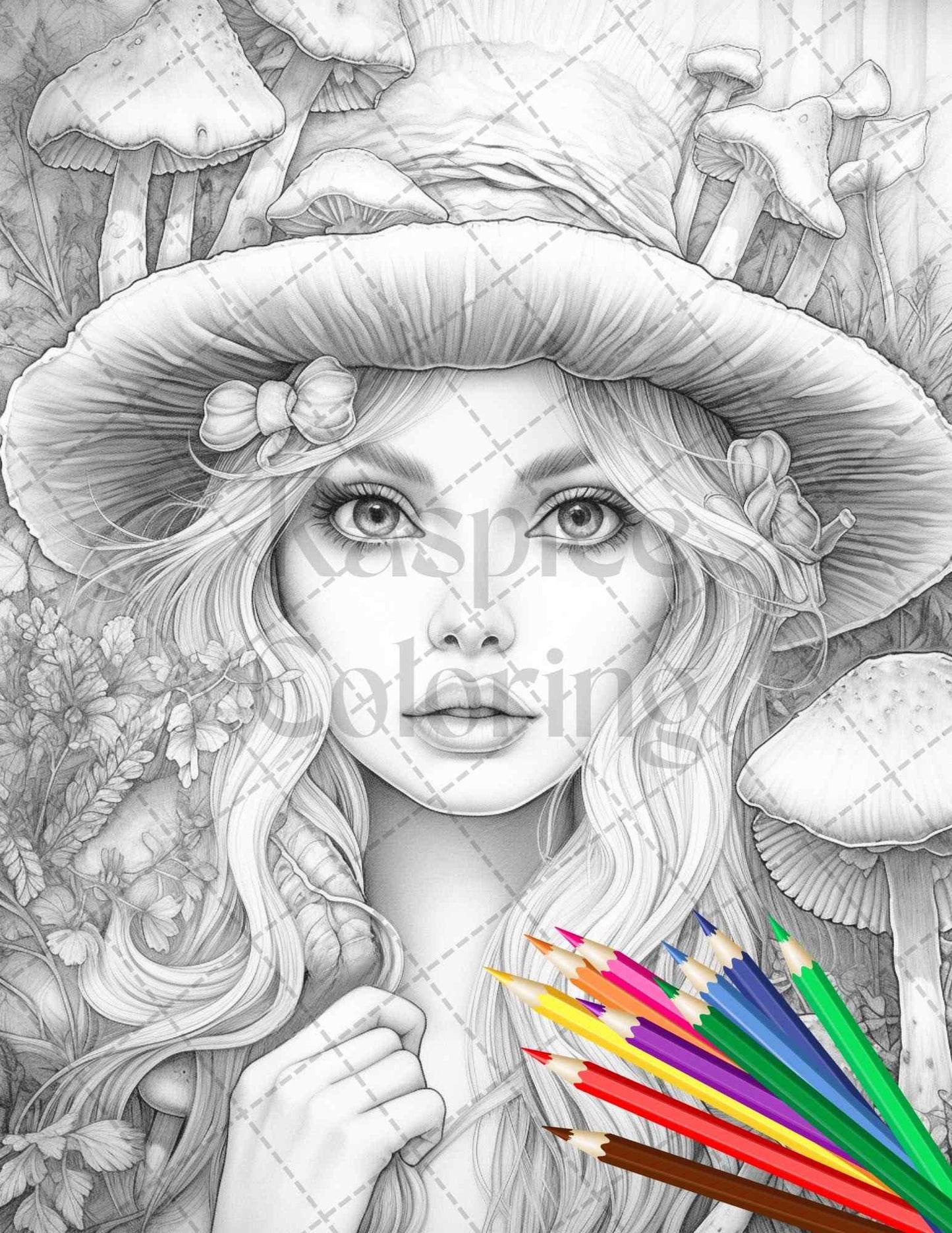50 Mushroom Fairy Grayscale Coloring Pages Printable for Adults, PDF File Instant Download