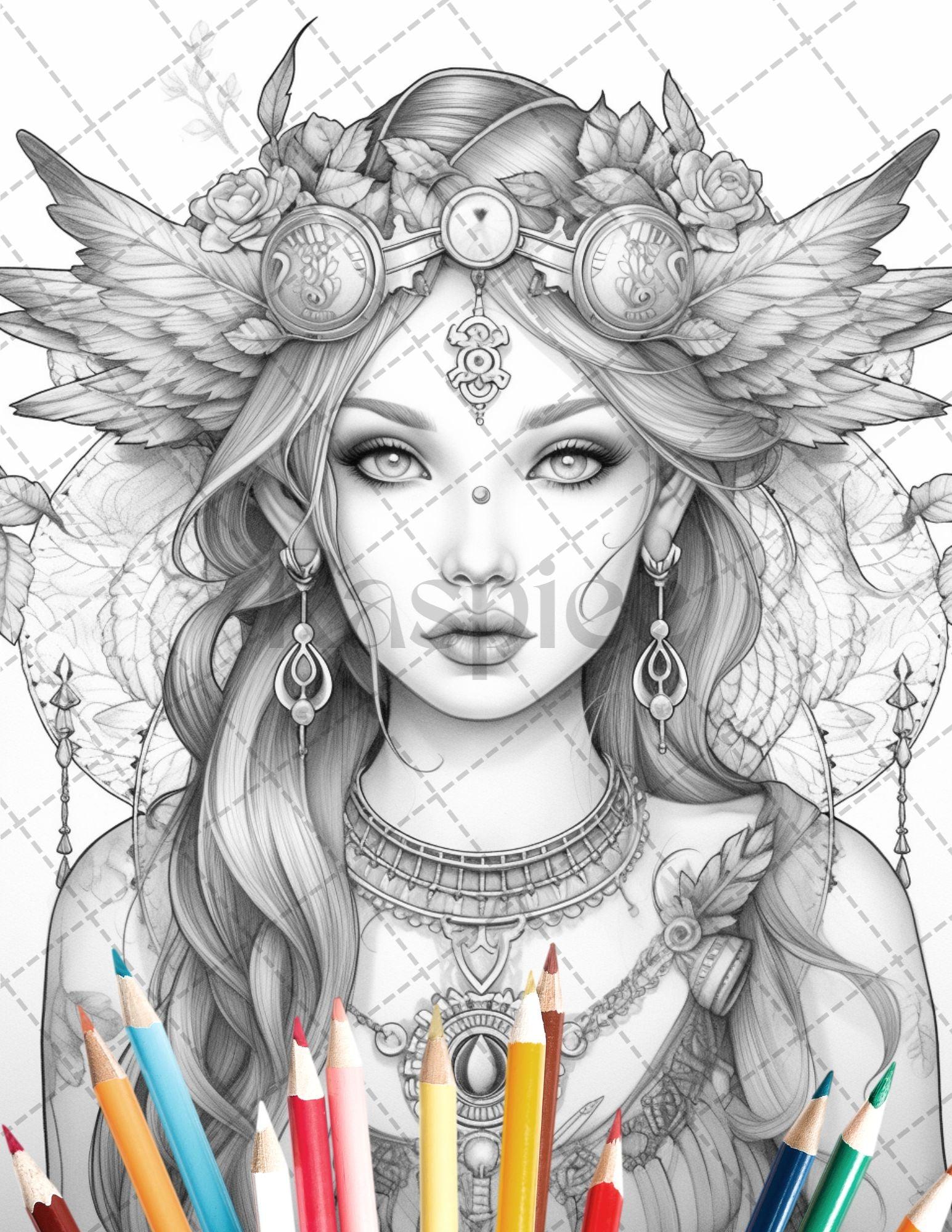 35 Beautiful Printable Elf Girls Coloring Book for Adults, Grayscale Coloring Page, PDF File Instant Download
