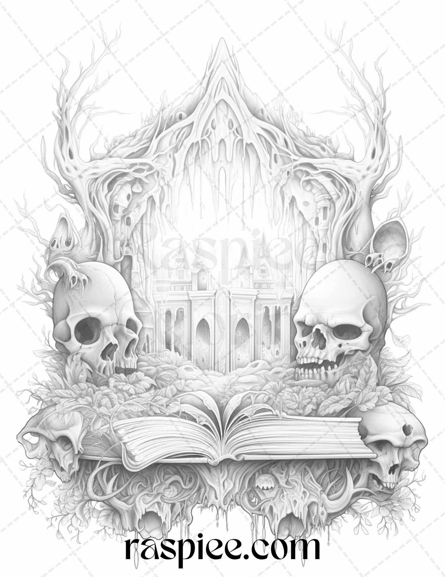 50 Magical Books Grayscale Coloring Pages Printable for Adults, PDF File Instant Download