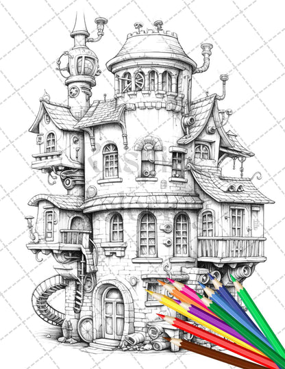 50 Steampunk Houses Grayscale Coloring Pages Printable for Adults, PDF File Instant Download