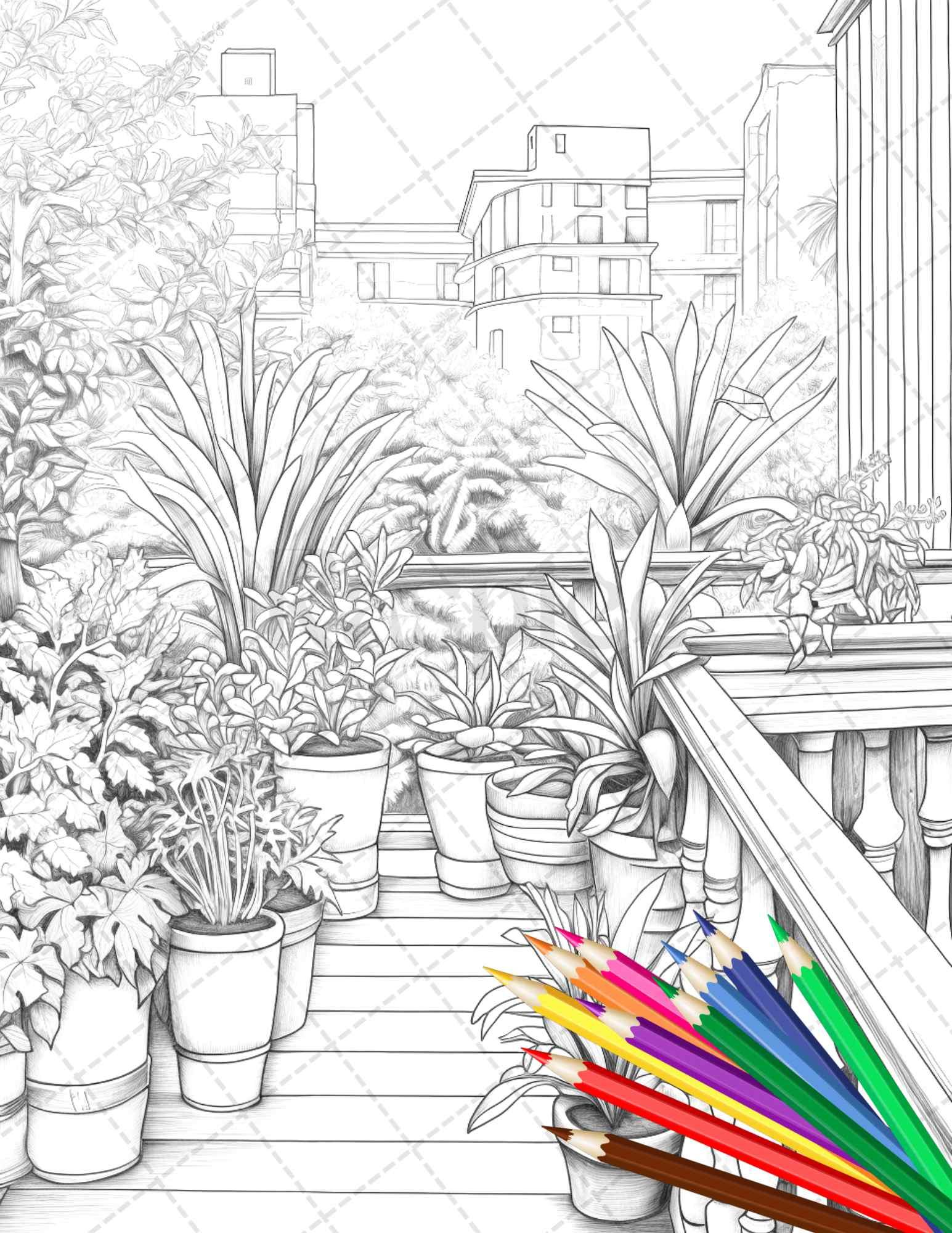 Charming Balcony Garden Grayscale Coloring Pages Printable for Adults, PDF File Instant Download