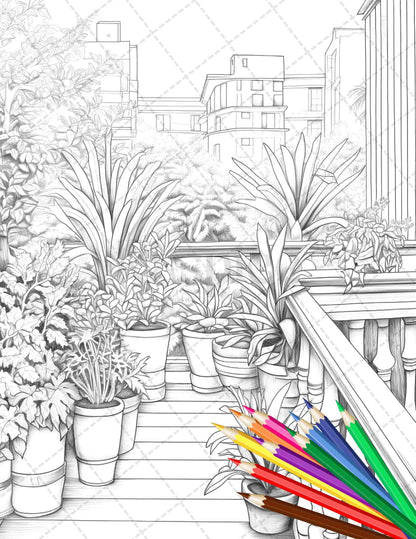 Charming Balcony Garden Grayscale Coloring Pages Printable for Adults, PDF File Instant Download