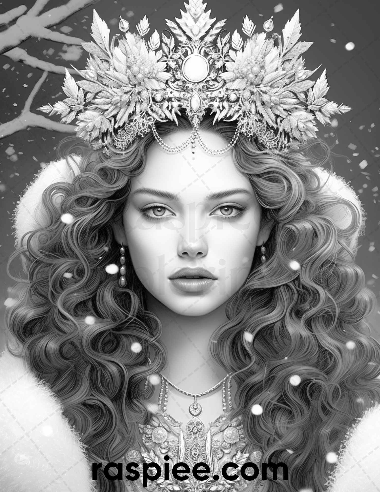 50 Winter Queens Portrait Grayscale Coloring Pages Printable for Adults, PDF File Instant Download
