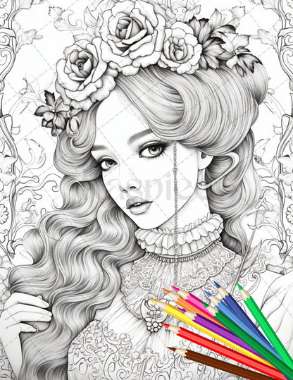 36 Beautiful Victorian Girls Coloring Pages Printable for Adults, Grayscale Coloring Page, PDF File Instant Download