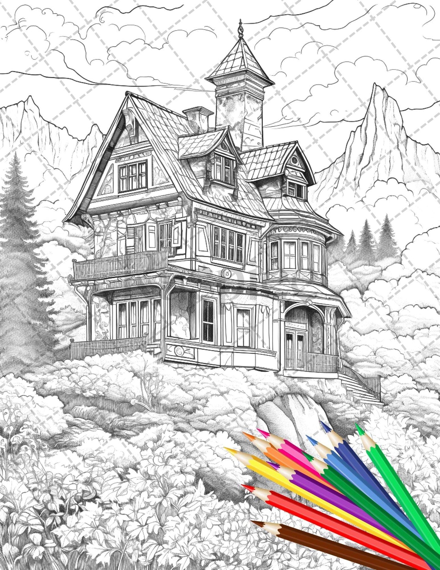 122 Fantasy Castles Coloring Book for Adults, Grayscale Coloring Page, Printable PDF Instant Download
