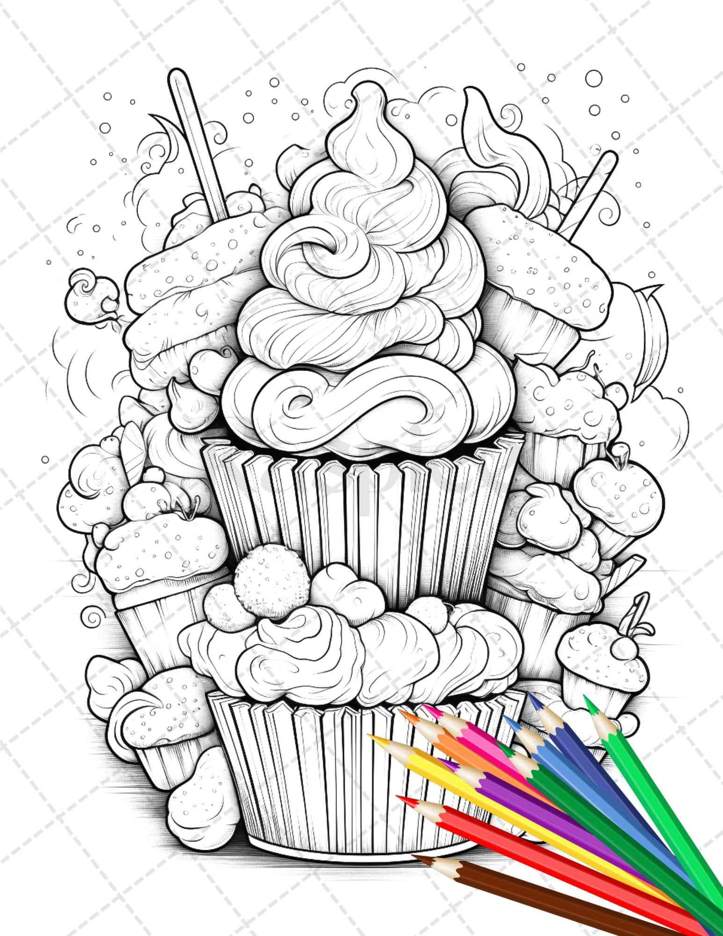 36 Sweet Desserts Coloring Pages Printable for Adults, Grayscale Coloring Page, PDF File Instant Download