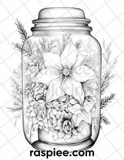 60 Christmas In Jar Grayscale Coloring Pages for Adults, Printable PDF Instant Download