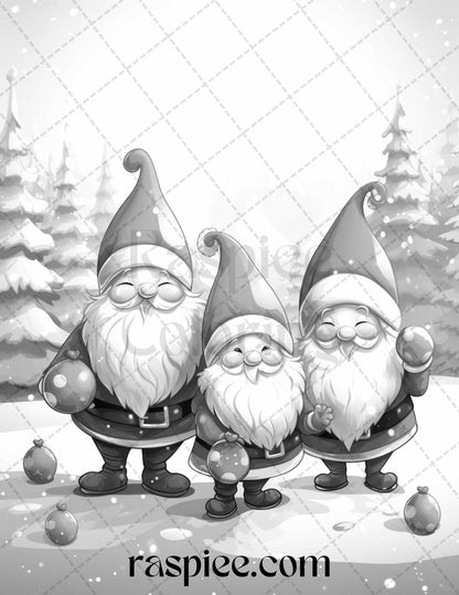 60 Christmas Gnomes Grayscale Coloring Pages Printable for Adults and Kids, PDF File Instant Download