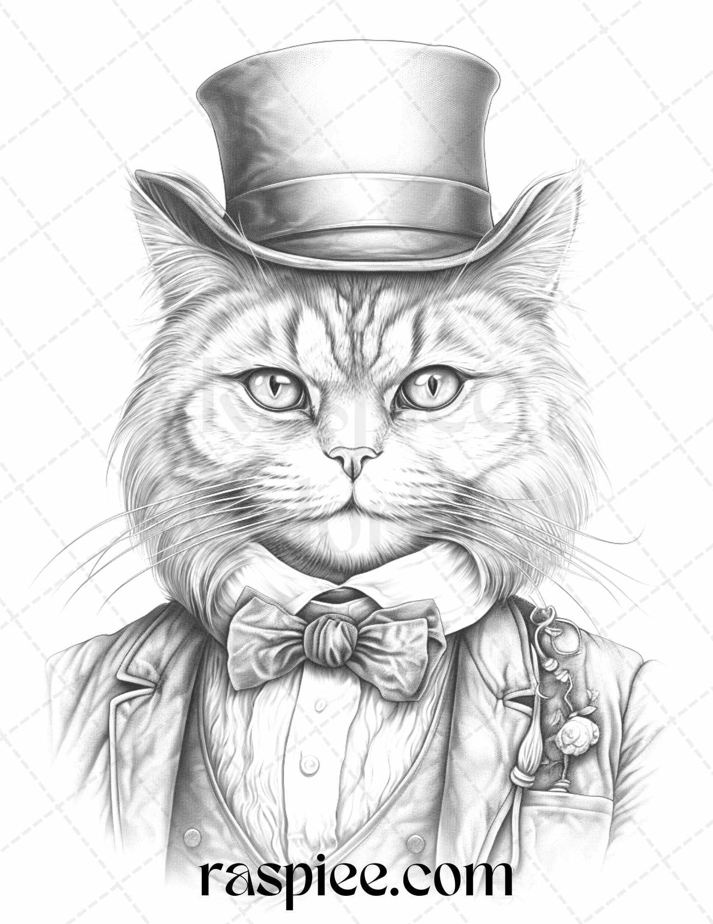 Gentleman Cat Grayscale Coloring Pages Printable for Adults Kids, PDF File Instant Download