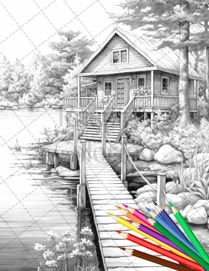 Lake Cabin Scenery Grayscale Coloring Pages Printable for Adults, PDF File Instant Download