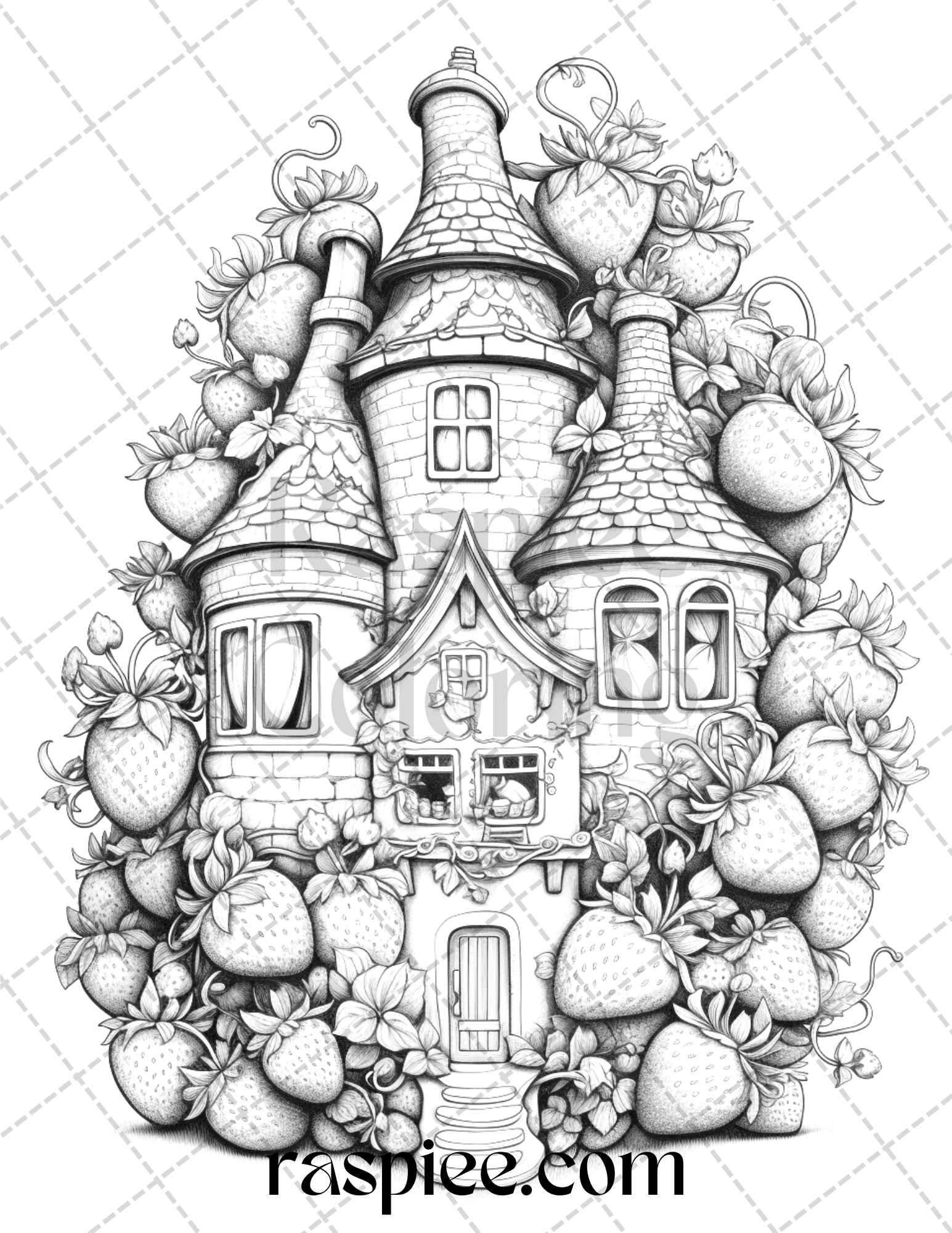 50 Strawberry Houses Grayscale Coloring Pages Printable for Adults Kids, PDF File Instant Download
