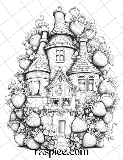 50 Strawberry Houses Grayscale Coloring Pages Printable for Adults Kids, PDF File Instant Download