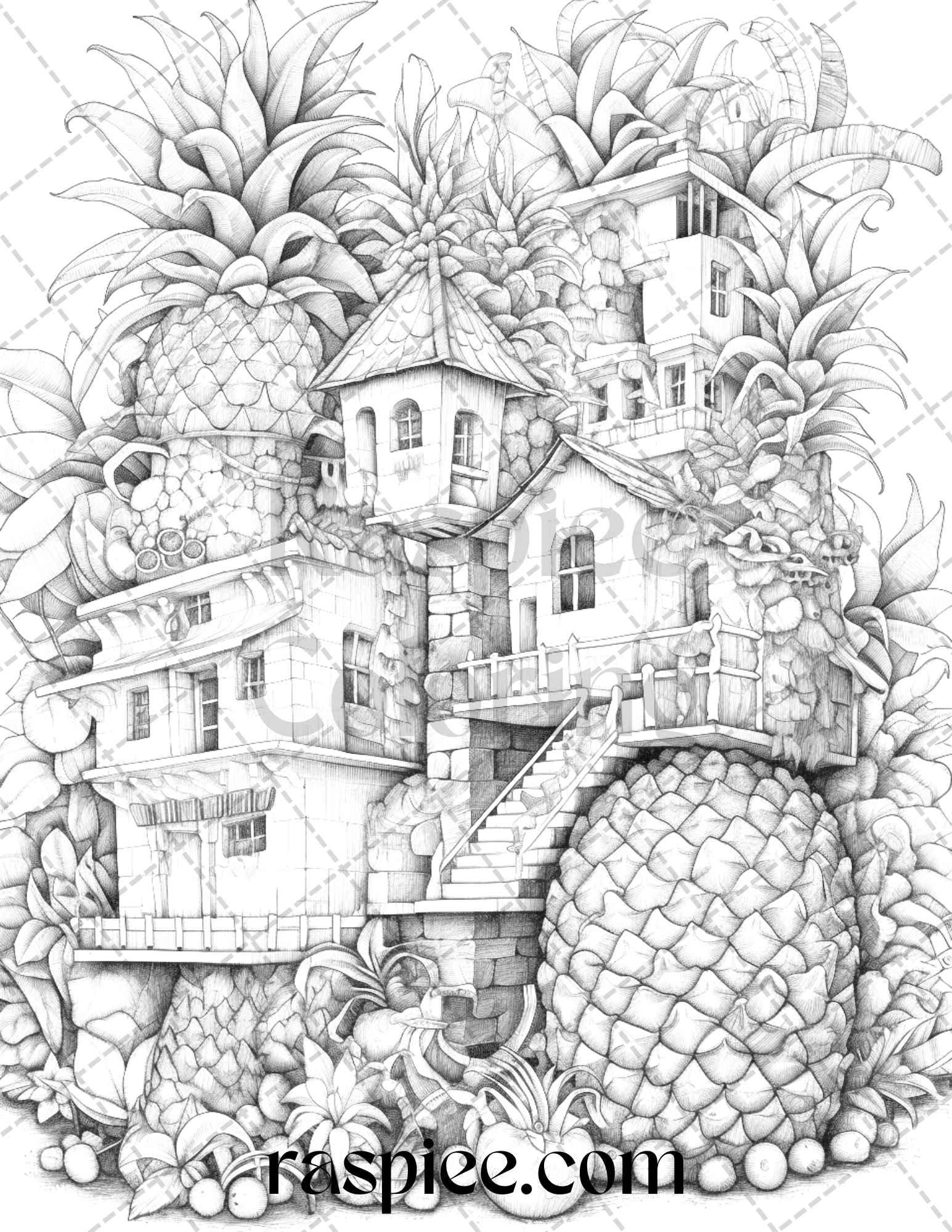 50 Pineapple Houses Grayscale Coloring Pages Printable for Adults, PDF File Instant Download