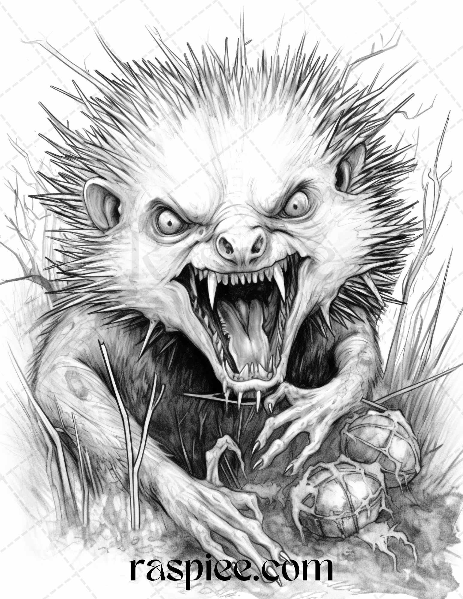 66 Horror Zombie Animals Grayscale Coloring Pages Printable for Adults, PDF File Instant Download