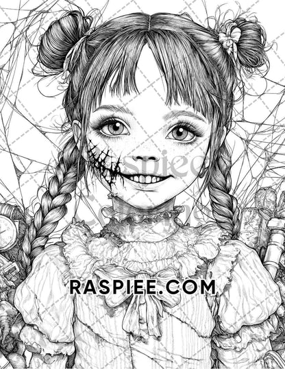 Haunted Dolls Halloween Horror Adult Coloring Pages Printable PDF Instant Download