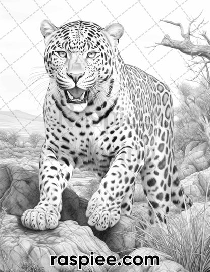 55 Wild Animals Grayscale Coloring Pages for Adults, Printable PDF Instant Download