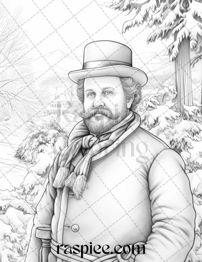 60 Victorian Winter Portrait Grayscale Coloring Pages Printable for Adults, PDF File Instant Download