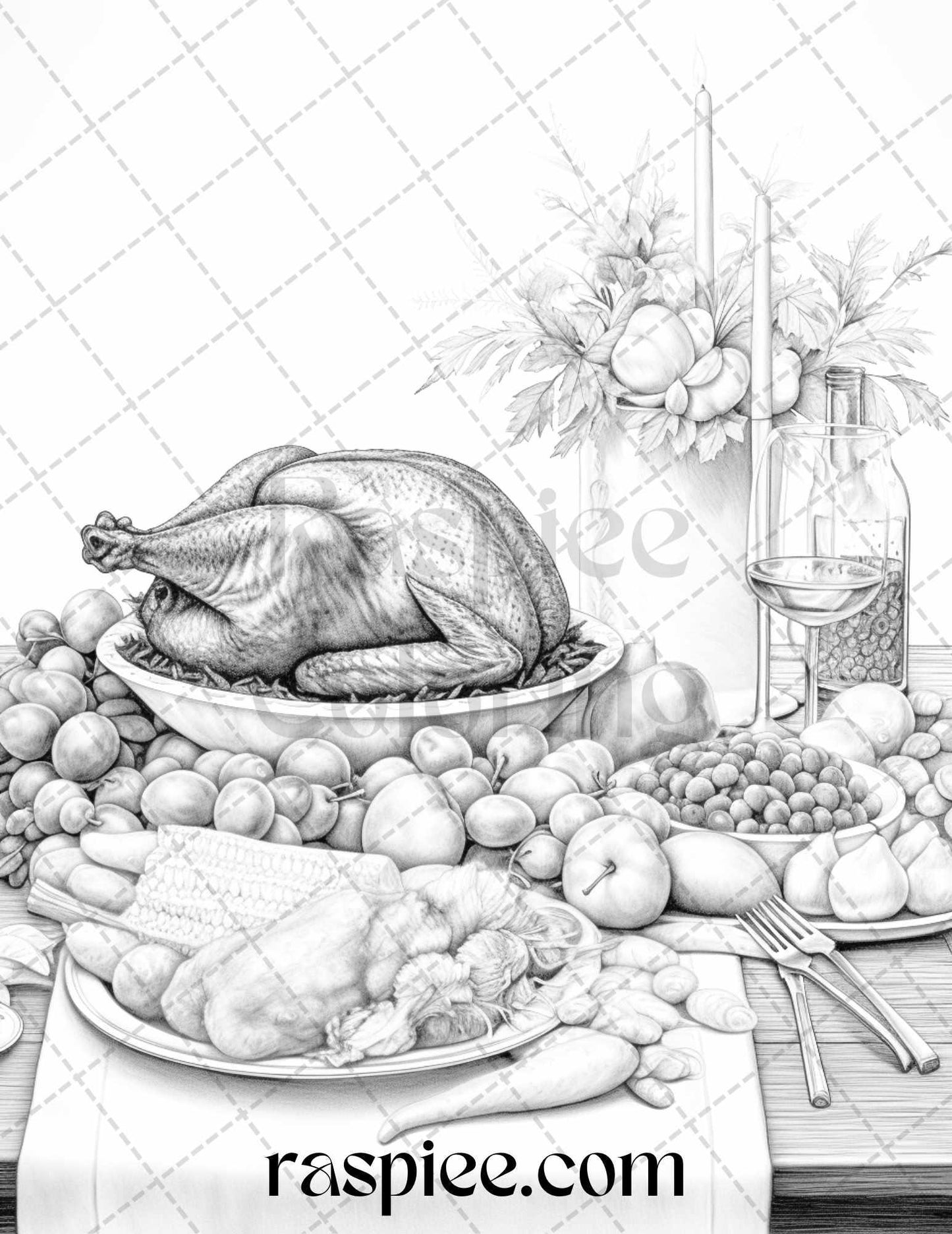 Thanksgiving Dinner Grayscale Coloring Pages for Adults, Relaxing Fall Coloring Sheets, Printable PDF File Instant Download