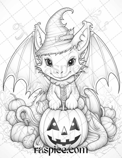 50 Cute Pumpkin Dragons Graycale Coloring Pages for Adults and Kids, Printable PDF File Instant Download