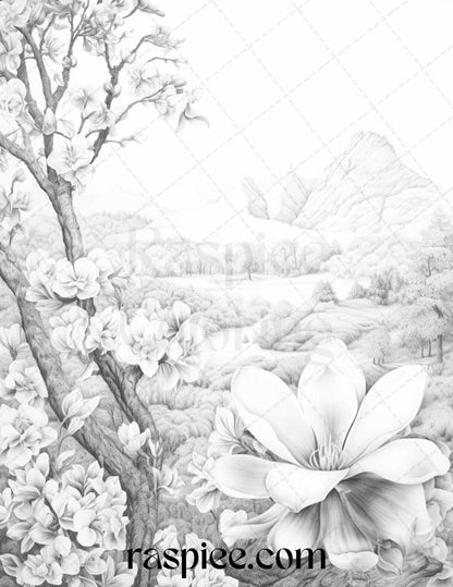 60 Mountain Flower Landscapes Grayscale Coloring Pages Printable for Adults, PDF File Instant Download