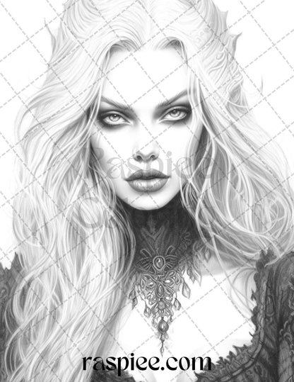 Bewitching Vampires Grayscale Coloring Pages Printable for Adults, PDF File Instant Download