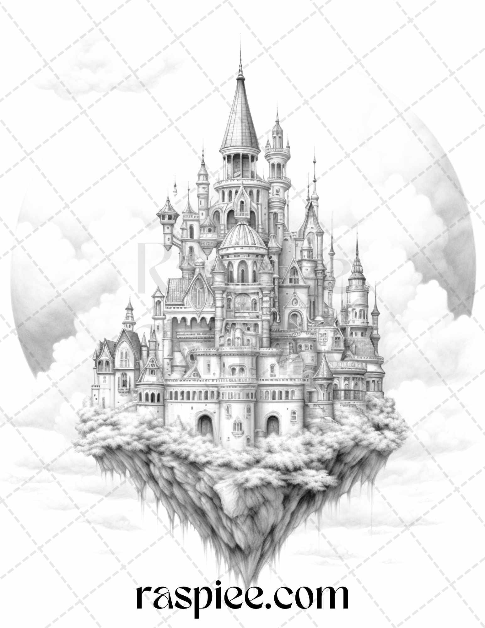 Floating Castle in the Sky Grayscale Coloring Pages for Adults, Printable PDF File Instant Download